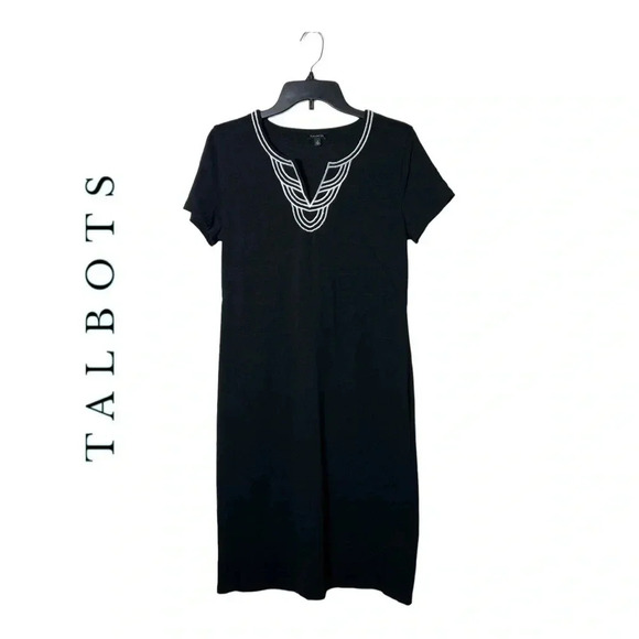 1855. TALBOTS SHORT SLEEVE KNITTED MIDI LENGTH DRESS SIZE SMALL BLACK/WHITE - Picture 1 of 9